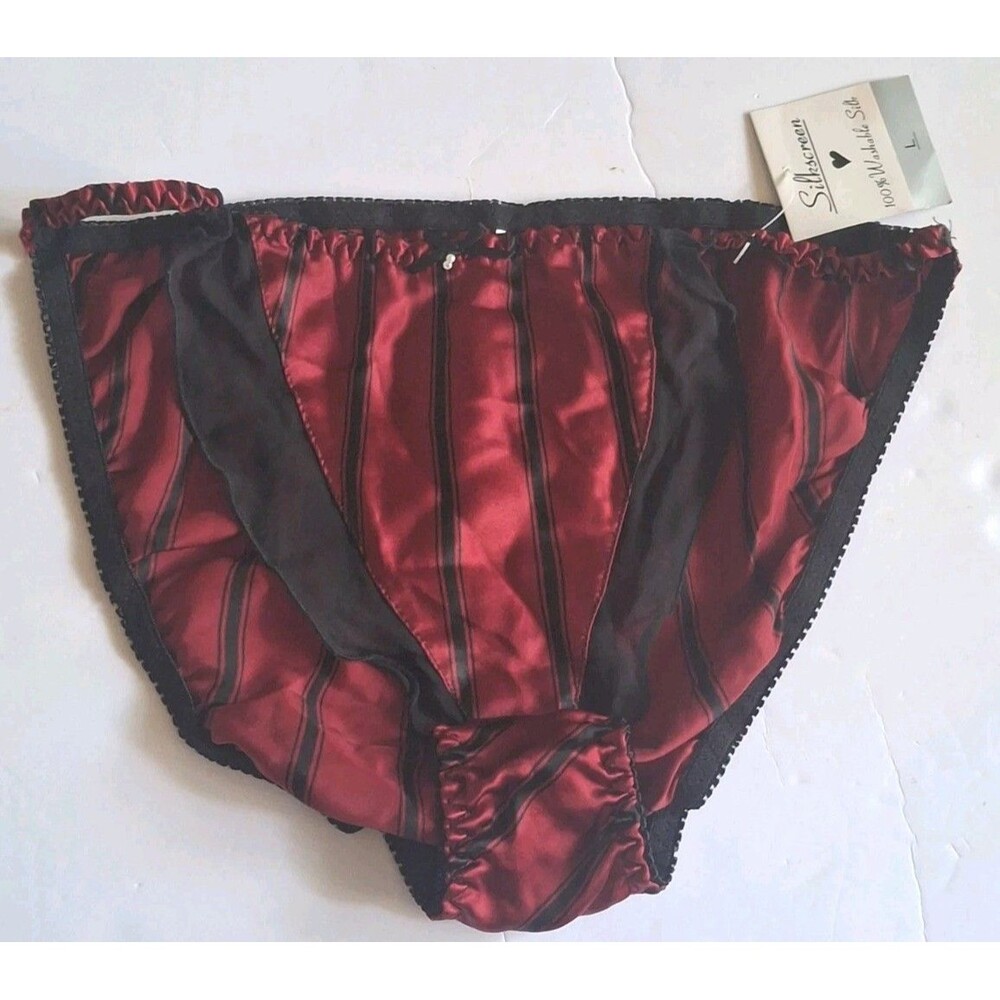 Vintage 90s Silkscreen 100% Silk Panty String Bikini Large Red Black Striped